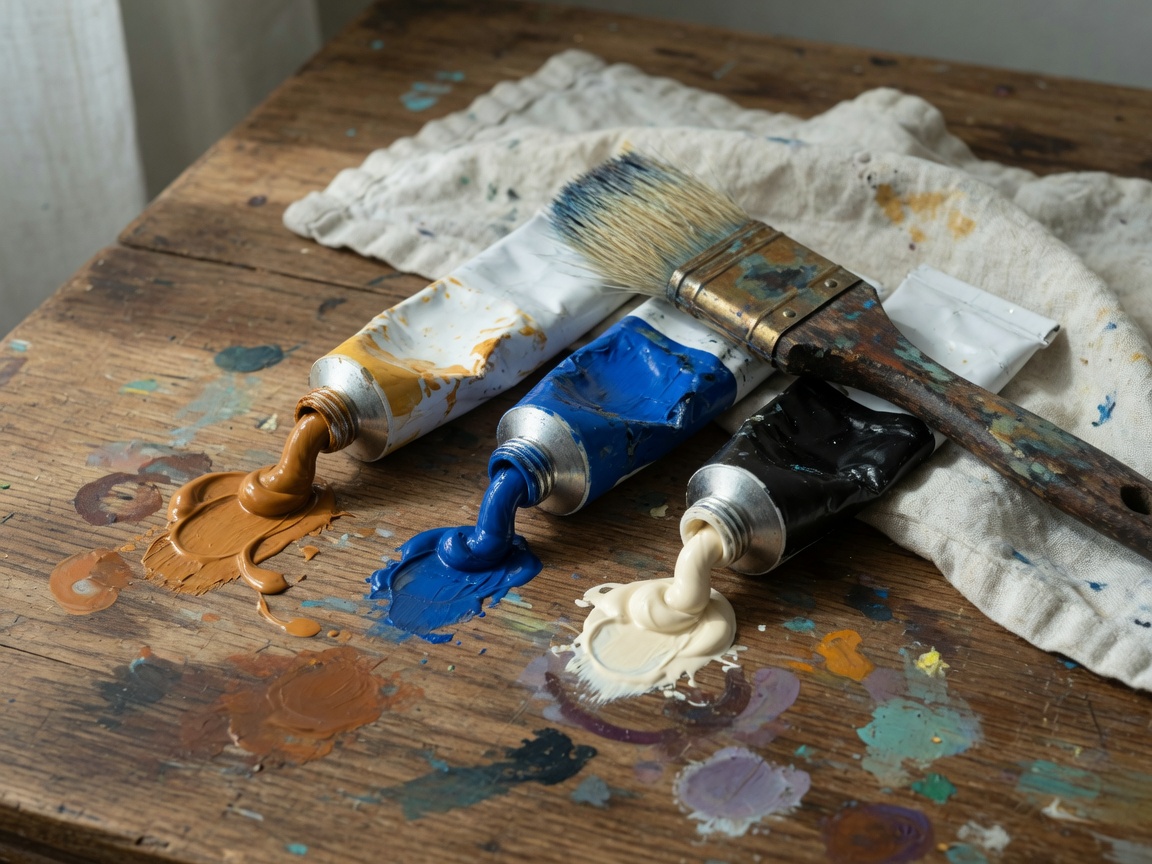 Tubetti di colore a olio aperti sul tavolo dello studio, con pennello.